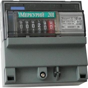 Счетчик электрический МЕРКУРИЙ 201.5 1ф 5-60 А 1 класс точн 1 тариф имп вых мех табло