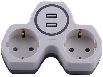 Разветвитель сетевой ADP16-14-20 двойник с/з + 2USB 250В 16А IP20 белый/серый; STEKKER, 32872